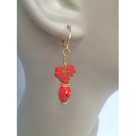 Czech Glass Earrings Artisan Made Leaf Murano Glass Beaded Red Orange Dangle NEW - Picture 9 of 10